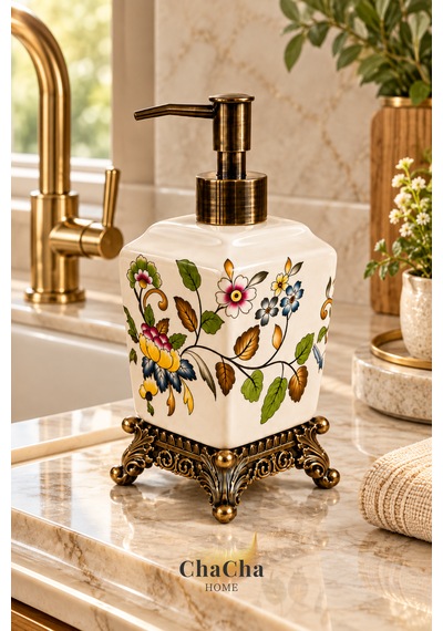 Chacha Home Aurelia Seramik Sıvı Sabunluk 470 Ml Antik Bronz Görünümlü Ayaklı Ve Pompalı 22 Cm Çok Renkli