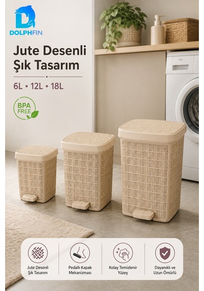 Jute 3 Lü Pedallı Çöp Kovası Seti 6 L + 12 L + 18 L Bej
