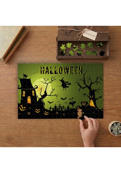 Uçan Cadı Silüeti - Halloween Tasarımı 240 Parça Ahşap Puzzle Ahşap Kutuda Mpy20322