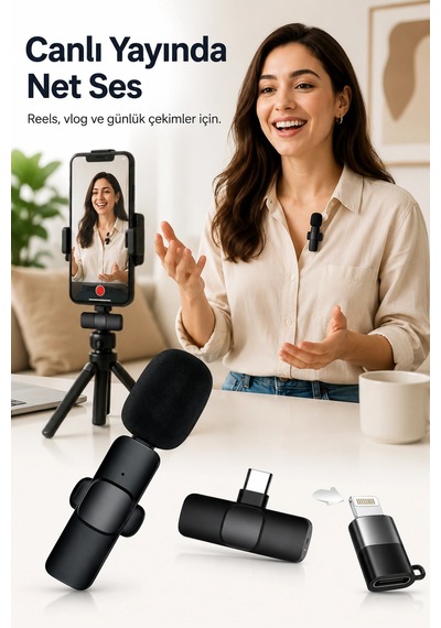 Kablosuz Yaka Mikrofonu Usb-c Lightning Uyumlu Tak Çalıştır Telefon Video Ses Kayıt Seti
