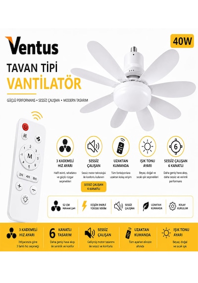 Ventus Sessiz Çalışma 6 Kanat Ve Işıklı Uzaktan Kumandalı Tavan Tipi Vantilatör-tavan Fanı 40w