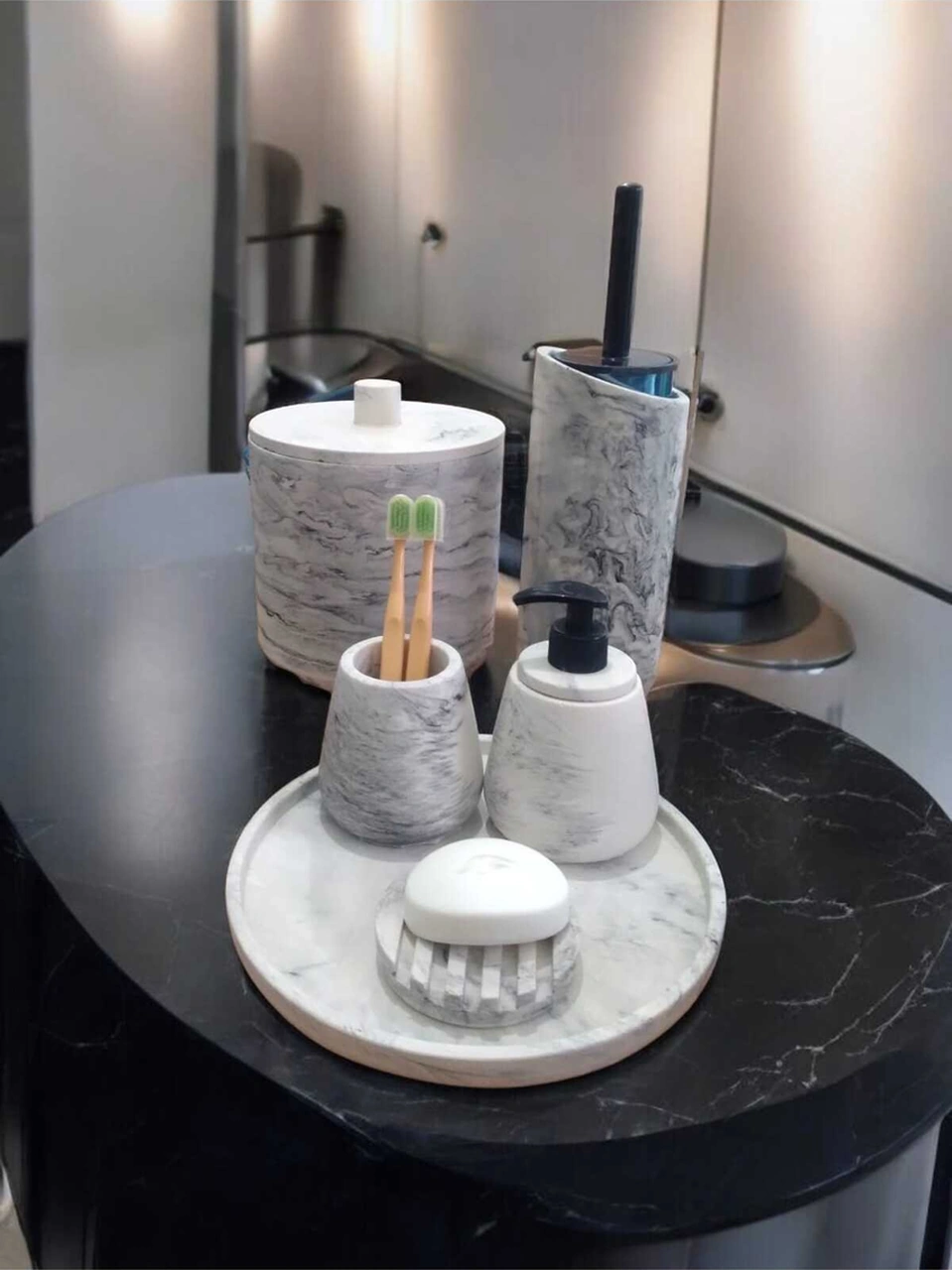 Mermer Desen Beton Banyo Seti,tuvalet Wc,çöp Kovası, Sabunluk,tepsi,mumluk,aksesuar,dekorasyon Gri