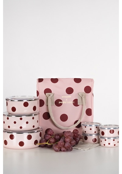 Emaylabxpeppythings Cherry 3 Lü Set Emaye Saklama Kabı, Emaye Kahvaltılık & Termal Taşıma Çantası 10 Litre Pembe - Bordo
