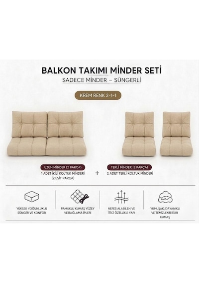 2-1-1 Fermuarlı Balkon Minderi-leke Tutmaz - İçidolu Minder Gri