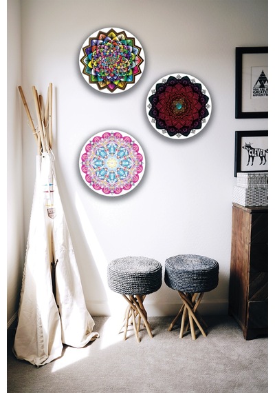 Mandala Desenli 3'lü Ahşap Tablo Modeli, Ev, Oturma Odası, Salon, Ofis Şık Duvar Dekorasyonu