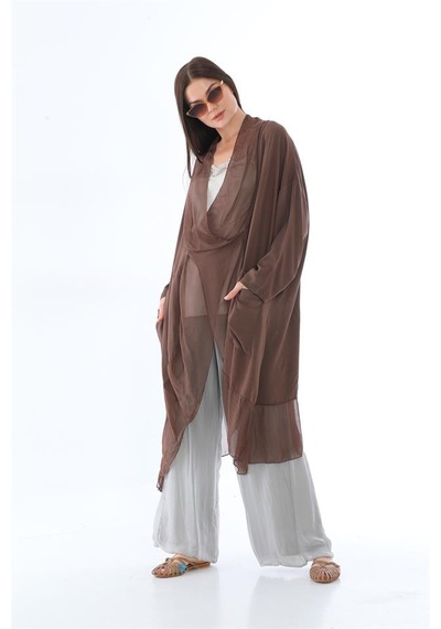 Bohem Stil Italyan Ipek Detaylı Oversize Kap Bluz- Wes Pantolon Takım-8789 Kahverengi Bohem Stil Italyan Ipek Detaylı Oversize Kap Bluz- Wes Pantolon Takım-8789 Kahverengi