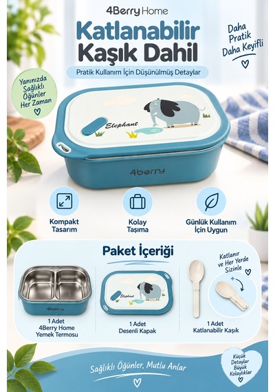 2 Bölmeli Yemek Termosu - Mavi Fil Desenli Beslenme Kabı - 1000 Ml, Sızdırmaz, Kaşıklı, Paslanmaz Çelik