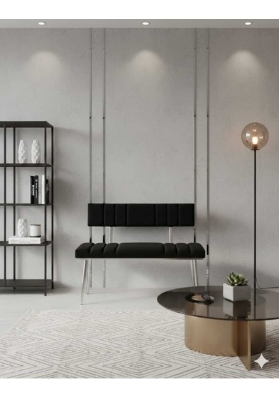 Özcan Metal Metal Ayaklı Metal Kasalı Sırtlı Krom Mutfak Salon Antre Yatak Odası Balkon Bench Puf Bank Oturak Siyah
