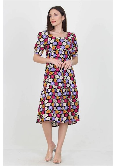 Neşeli Butik Kadın Lila Kare Yaka Eteği Fırfırlı Çiçek Desenli Viskon Elbise Nb10026 Lila