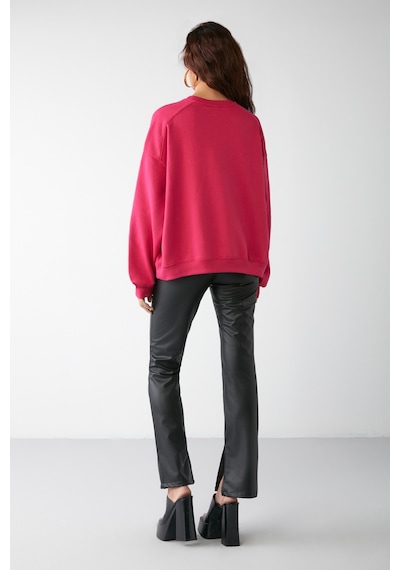 Grimelange VANELTINA  Kadın Bisiklet Yaka İçi Polarlı Oversize Fit Basic Pembe Sweatshirt