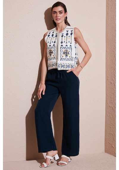 Lela Relaxed Fit Normal Bel Geniş Paça Çift Cepli Keten Bayan Pantolon 668Yp4991 Lacivert Lela Relaxed Fit Normal Bel Geniş Paça Çift Cepli Keten Bayan Pantolon 668Yp4991 Lacivert