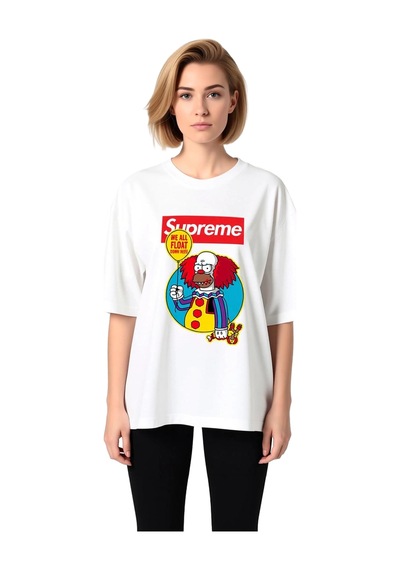 Paybuy Kadın Oversize Grafik Baskılı Kısa Kollu Tişört Karikatür Karakte Beyaz