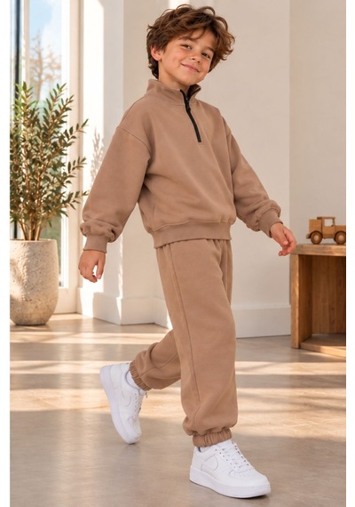 Zuzunga Unisex Çocuk Yarım Fermuarlı Dik Yaka Düz Renk Sweatshirt Ve Eşofman Takımı Bej