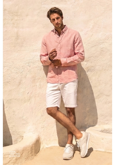 AC&Co / Altınyıldız Classics Erkek Yavruagzı Comfort Fit Rahat Kesim Düğmeli Yaka Casual Keten Gömlek Yavruağzı