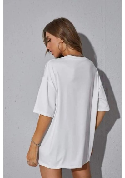 Startmore Kadın Oversize Dökümlü Tok Kumaş Tişört Beyaz