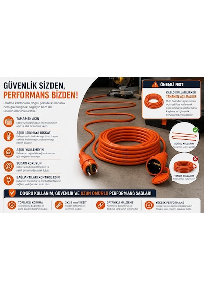 3x2.5mm Ttr Topraklı Turuncu Seyyar Uzatma Kablosu 10 Metre Diger
