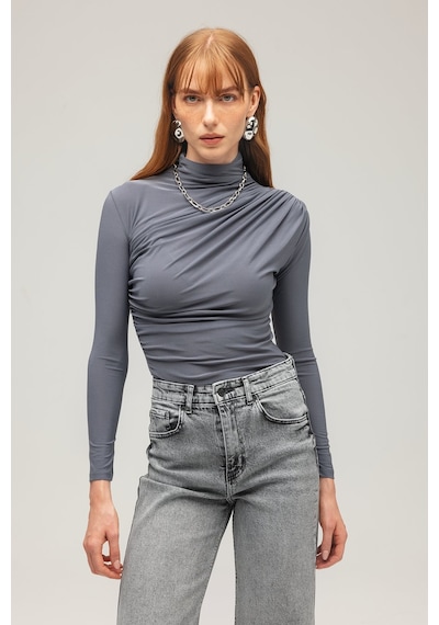 Saade Sââde Kadın Drapeli Boğazlı Uzun Kollu Örme Bluz - Slim Fit Antrasit
