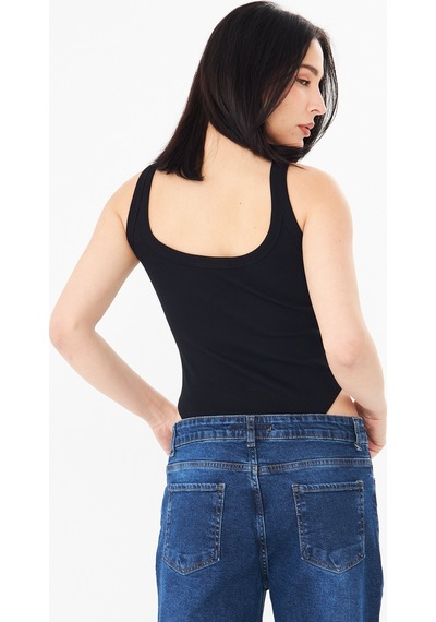 Distimi Askılı Fitilli Bodysuit Pamuk Siyah