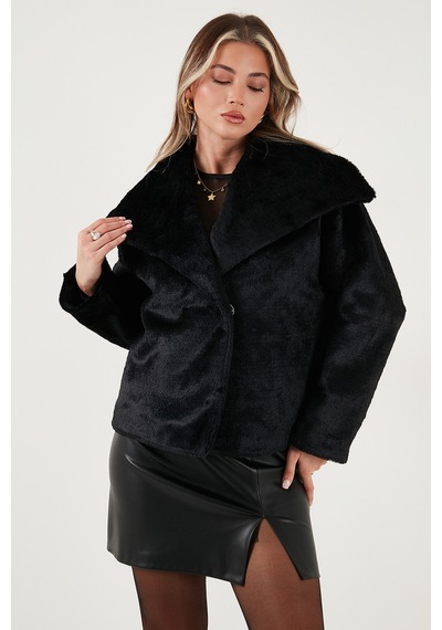 Lela Oversize Geniş Yaka Çıtçıt Düğmeli Astarlı Peluş Bayan Mont 6839623 Siyah