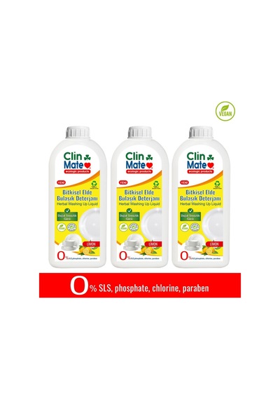 3'lü Set Yeni Clinmate Ekolojik Bitkisel Elde Bulaşık Deterjanı Limon 750 Ml