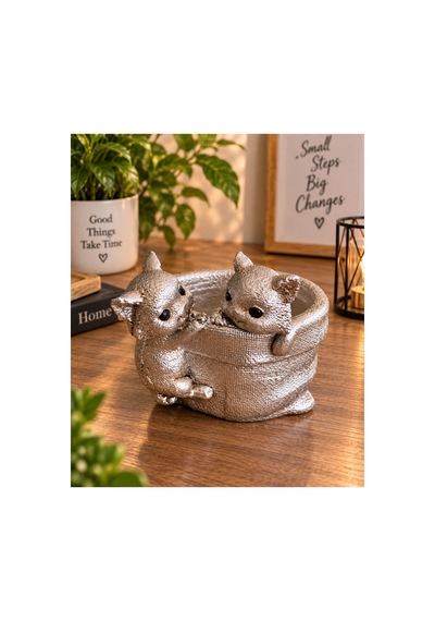 Dekoratif Sevimli Kedi Figürlü Çok Amaçlı Organizer Takı, Toka Ve Anahtarlık Kabı 15x13 Cm Gümüş