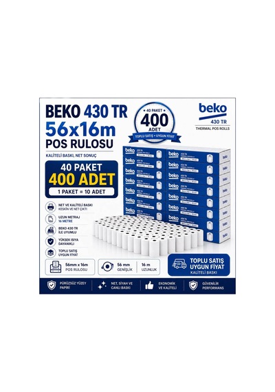 430 Tr Pos Rulosu 56x16 Mm Termal Rulo Kâğıt 40 Paket 400 Adet