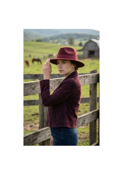 Emybox Kadın Kaşe Kovboy Şapka Geniş Siperlikli Fötr Kemerli Kışlık Şık Şapka Country Vintage Tarz Şapka Bordo