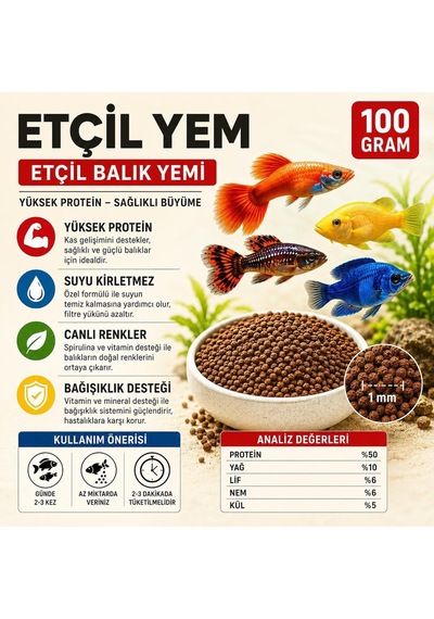 Etçil Akvaryum Balık Yemi, Granül 500 800 Micron, Yüksek Proteinli%50, Hızlı Büyüme, Canlı Renk, Tüm Tropikal Balıklar İçin 100 Gr