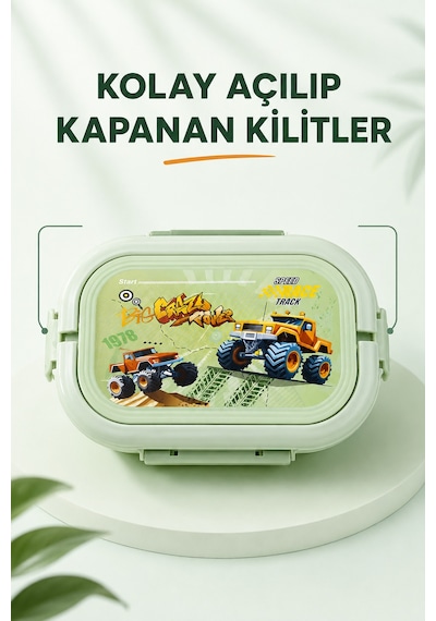 Mint Yeşili Araçlı Çocuk Beslenme Kutusu 6 Bölmeli Kilitli Saplı Okul Piknik Yemek Saklama Kabı Seti