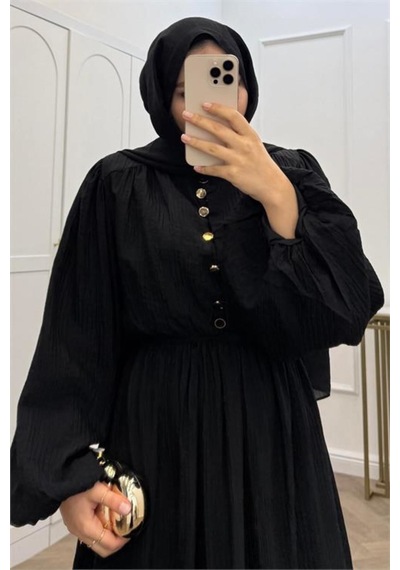Neşeli Butik Kadın Siyah Eteği Fırfırlı Düğme Detaylı Pamuklu Salaş Tesettür Elbise Nms086 Neşeli Butik Kadın Siyah Eteği Fırfırlı Düğme Detaylı Pamuklu Salaş Tesettür Elbise Nms086