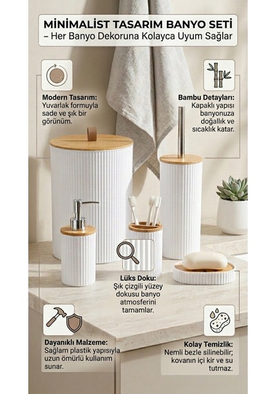 Makri Home 5 Parça Yuvarlak Banyo Seti, Bambu Kapaklı, Beyaz, Hacim: 7 Litre Beyaz