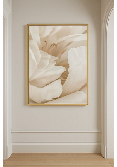 Soft Zambak - Gerçek Cama Baskı Gold Alüminyum Metal Çerçeveli Tekli Modern Tablo