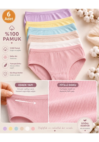 Tutku Yumuşacık Fitilli Doku Kız Çocuk Slip Külot 6 Adet Çok Renkli