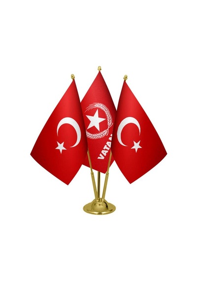 Masa Üstü Vatan Partisi Bayrağı Türk Bayrağı Üçlü Pirinç Direk Ma