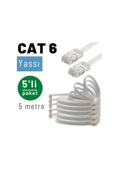 Irenıs 5 Adet 5 Metre Beyaz Cat6 Kablo Yassı Ethernet Network Lan Ağ İnternet Kablosu