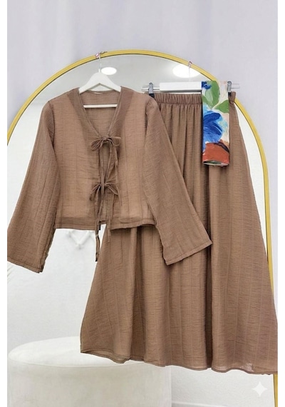 Lovie Moda Müslin Dokulu Bağlamalı Etekli Takım Kahverengi