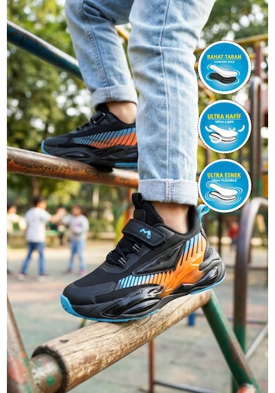 Marcokids Siyah-turuncu Cırtlı Hafif Esnek Erkek Çocuk Spor Ayakkabı T5440207b Siyah-mavi-turuncu