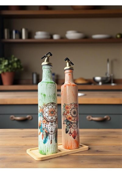 500 Ml El Boyaması Cam Yağdanlık Seti Dreamcatcher Rüya Kovucu Desenli Ahşap Standlı Turu Turuncu