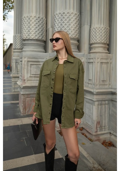 Banny Jeans Kadın Oversize Jean Gömlek Haki