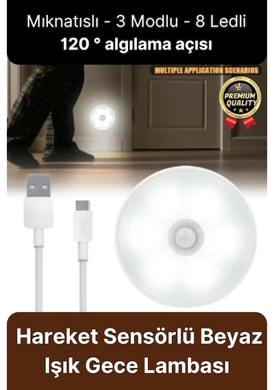Premium Hareket Sensörlü Usb Şarj Edilebilir Mıknatıslı 3 Mod 8 Ledli Beyaz Işık Gece Lambası 1 Adet
