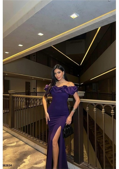 DefyModa Kadın Kare Yaka Yırtmaçlı Kısa Kollu Abiye Elbise Mor