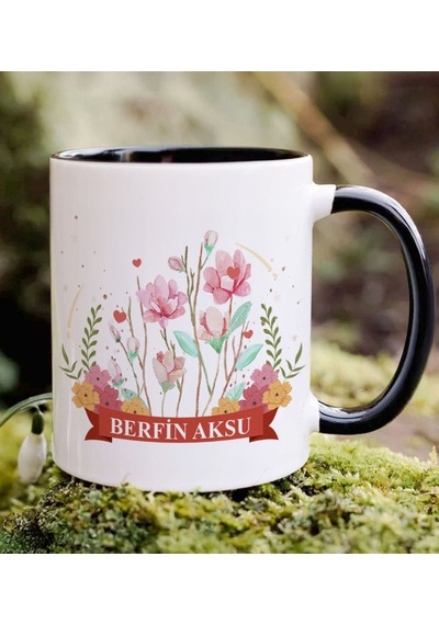 Bk Gift Kişiye Özel İsimli Çiçek Tasarımlı Siyah Kupa Bardak- 16, Arkadaşa Hediye, Sevgiliye Hediye, Doğum Günü Hediyesi Kobitmeyencom34686 Bk Gift