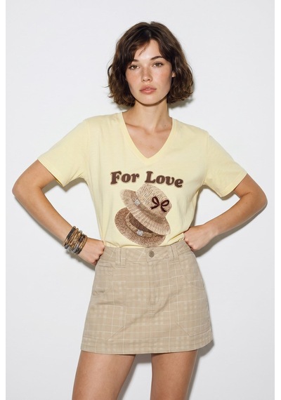 Kadın V Yaka For Love Nakış Ve Boncuk İşlemeli Oversize T-shirt 2240 60286329 - Açık Sarı