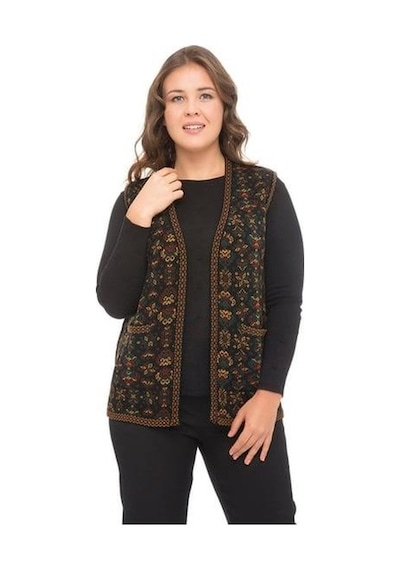 Kadın Etnik Model Triko Örgü Kilim Yelek 1070-siyah Siyah