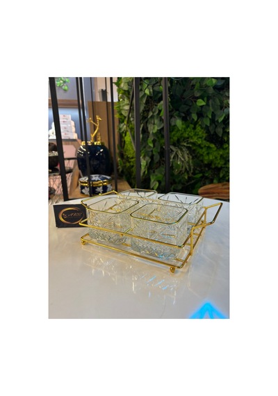 Ars Paşabahçe Timeless Yaldızlı Kare Kase, Metal Gold Standlı 4'lü Çerezlik, Sunumluk, Kahvaltılık