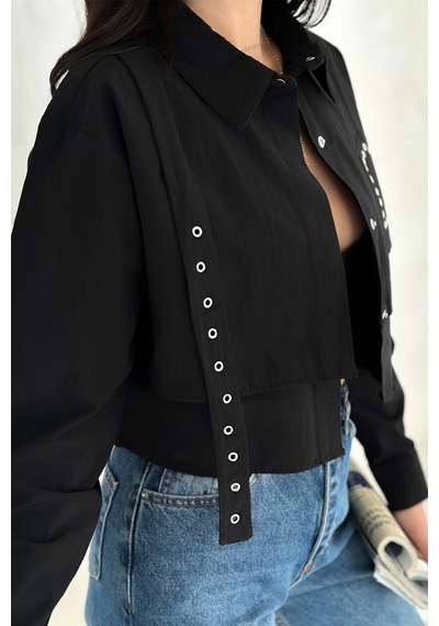 Asprin Fashion Kuş Gözlü Paraşüt Gömlek Siyah Siyah