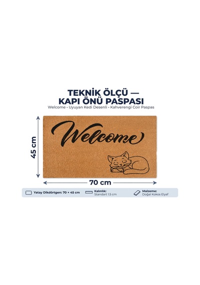 Coco Cc026a Kedili Welcome Desenli Kalın Kaymaz Taban Nem Alıcı Şık Tasarım Kapı Önü Paspası 45x75 Cm Bej