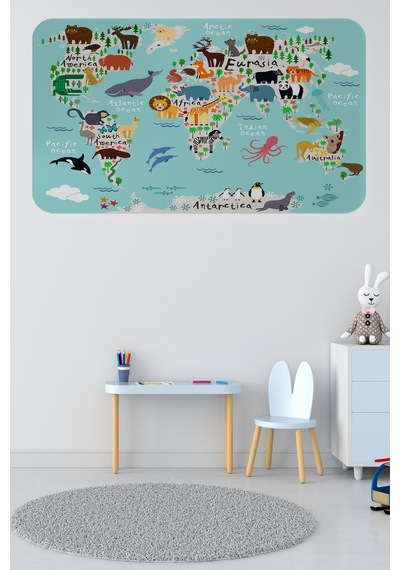 Eğitici Dünya Haritası Dünya Atlası Çocuk Ve Bebek Odası Duvar Sticker-85x130-3775 Çok Renkli