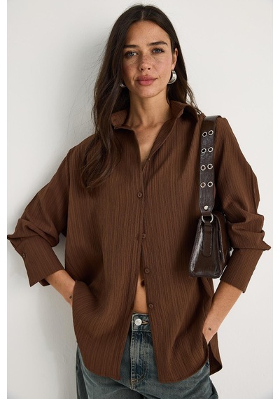 Shade Kadın Düşük Omuz Oversize Basic Bürümcük Gömlek 60392 60271069 - Kahverengi
