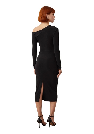 Ersefa Kadın Siyah Bodycon Siluet Asimetrik Yaka Uzun Kollu Elbise Sandy
